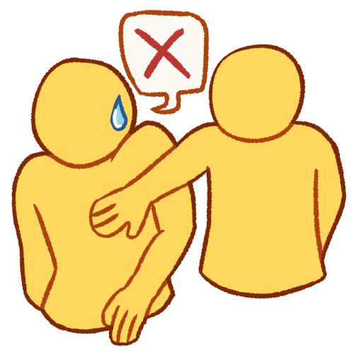 A drawing of two emoji yellow people. One of them is reaching across the other's arm to touch their chest. The person being touched has their shoulders raised uncomfortably, is sweating, and is speaking a speech bubble with a large red X in it. 